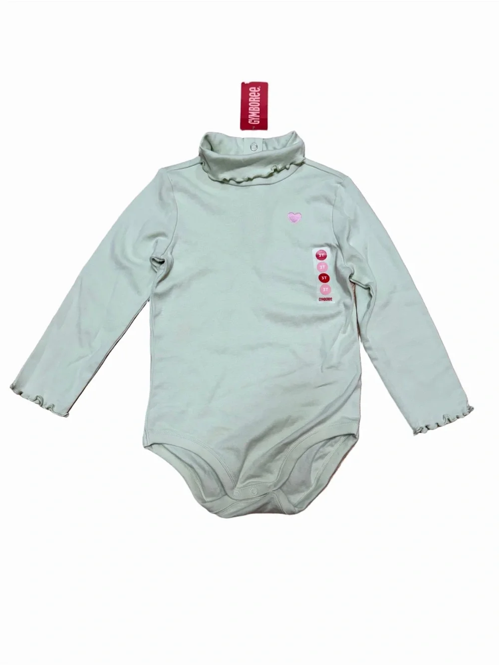 Gymboree Girls 3T NWT Mint Green Ruffle Neck Bodysuit Pink Heart Long Sleeve